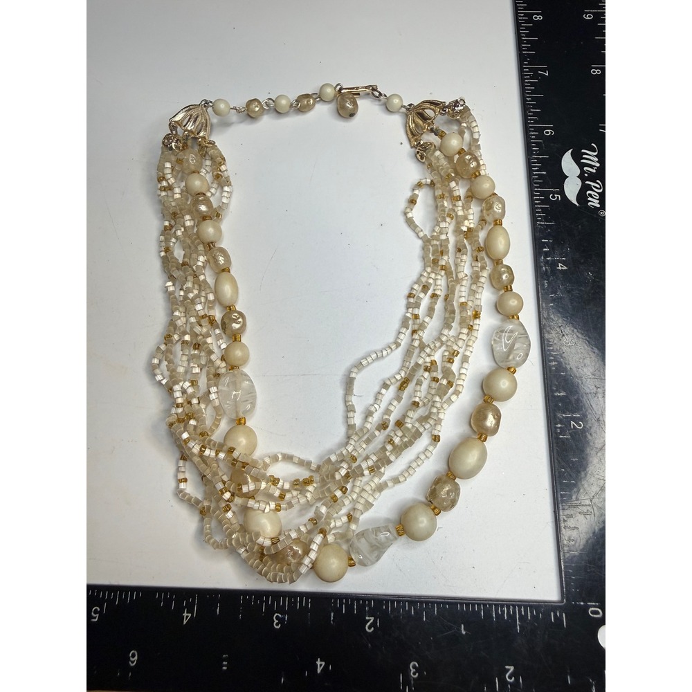 Vintage Japan Multi Strand Faux Pearl Glass Bead Necklace Cream Amber Gold Tone